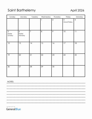 Current month calendar with Saint Barthelemy holidays for April 2026