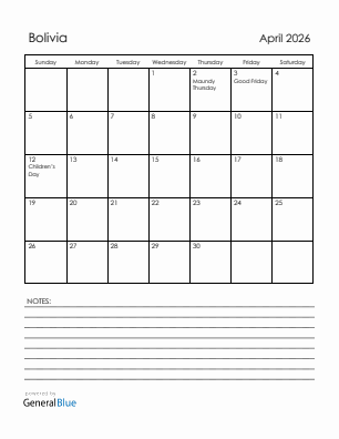Current month calendar with Bolivia holidays for April 2026
