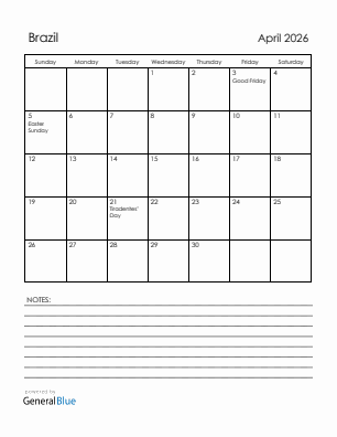 Current month calendar with Brazil holidays for April 2026