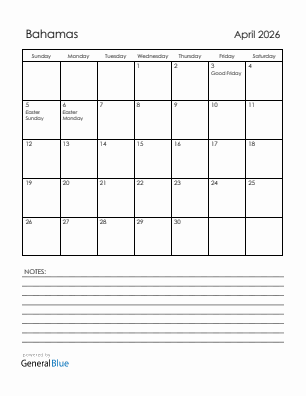 Current month calendar with Bahamas holidays for April 2026