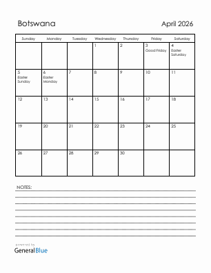 Current month calendar with Botswana holidays for April 2026