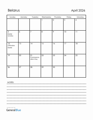 Current month calendar with Belarus holidays for April 2026