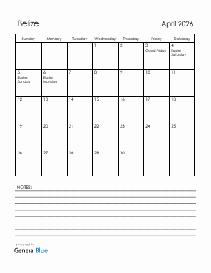 Current month calendar with Belize holidays for April 2026