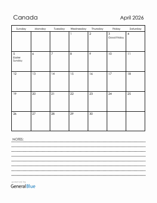 Current month calendar with Canada holidays for April 2026