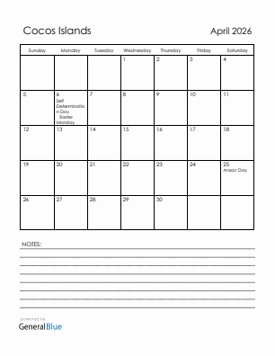 Current month calendar with Cocos Islands holidays for April 2026