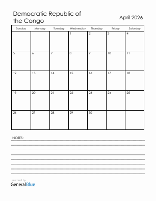 Current month calendar with Democratic Republic of the Congo holidays for April 2026