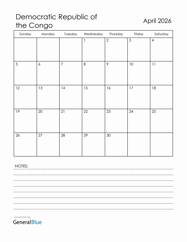 April 2026 Democratic Republic of the Congo Calendar with Holidays (Sunday Start)