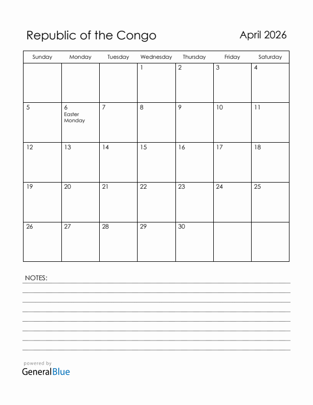 April 2026 Republic of the Congo Calendar with Holidays (Sunday Start)