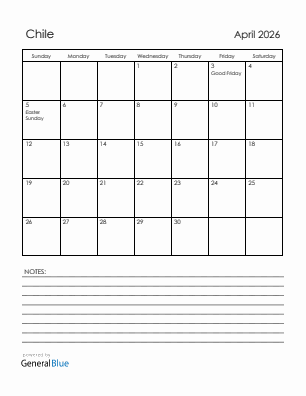 Current month calendar with Chile holidays for April 2026