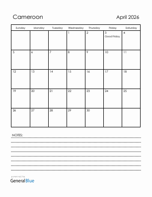 Current month calendar with Cameroon holidays for April 2026