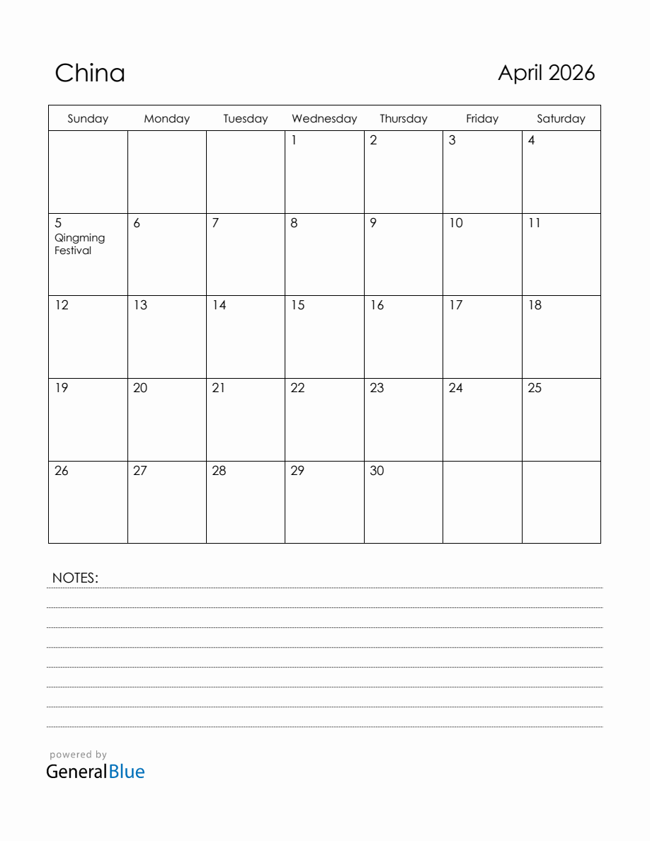 April 2026 China Calendar with Holidays