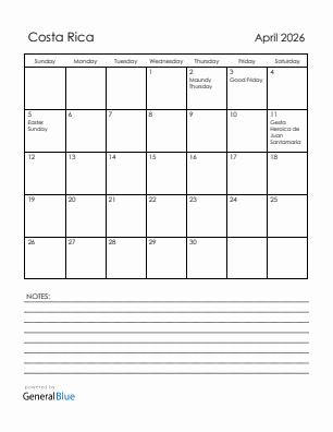 Current month calendar with Costa Rica holidays for April 2026