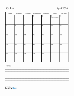 Current month calendar with Cuba holidays for April 2026