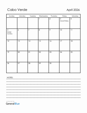 Current month calendar with Cabo Verde holidays for April 2026
