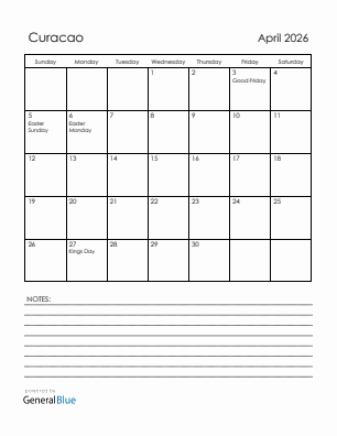 Current month calendar with Curacao holidays for April 2026