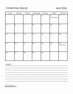 Current month calendar with Christmas Island holidays for April 2026
