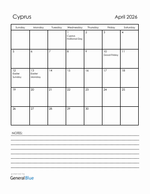 Current month calendar with Cyprus holidays for April 2026