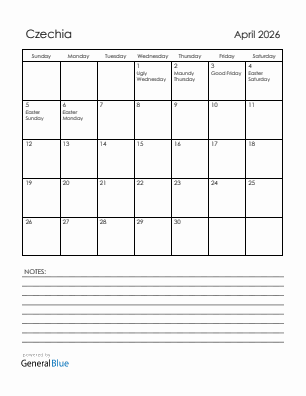 Current month calendar with Czechia holidays for April 2026
