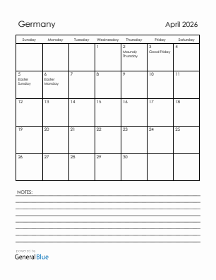 Current month calendar with Germany holidays for April 2026