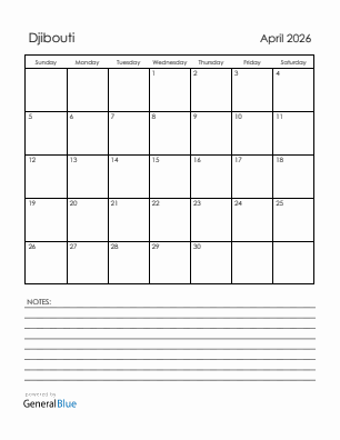 Current month calendar with Djibouti holidays for April 2026