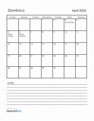 Current month calendar with Dominica holidays for April 2026