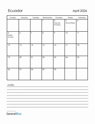 Current month calendar with Ecuador holidays for April 2026