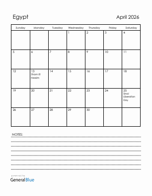 Current month calendar with Egypt holidays for April 2026