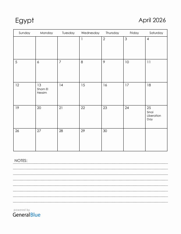 April 2026 Egypt Calendar with Holidays (Sunday Start)