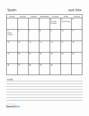 Current month calendar with Spain holidays for April 2026