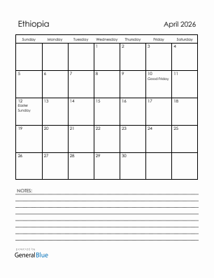 Current month calendar with Ethiopia holidays for April 2026