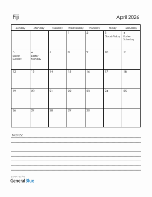 Current month calendar with Fiji holidays for April 2026