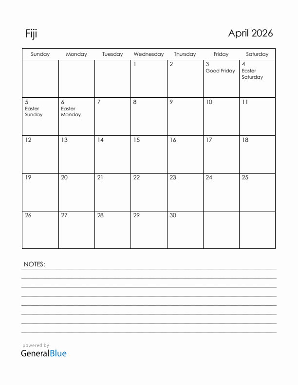 April 2026 Fiji Calendar with Holidays (Sunday Start)