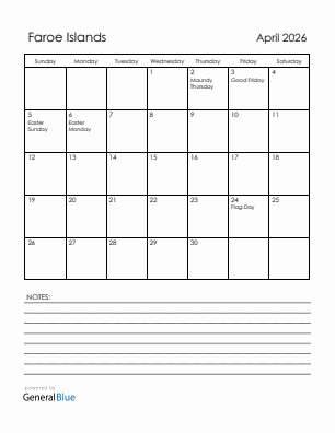 Current month calendar with Faroe Islands holidays for April 2026