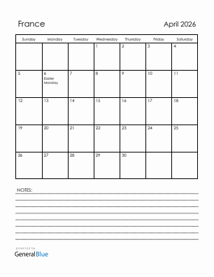 Current month calendar with France holidays for April 2026