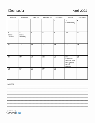 Current month calendar with Grenada holidays for April 2026