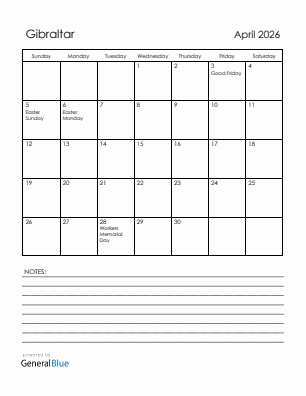 Current month calendar with Gibraltar holidays for April 2026