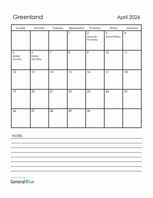 Current month calendar with Greenland holidays for April 2026