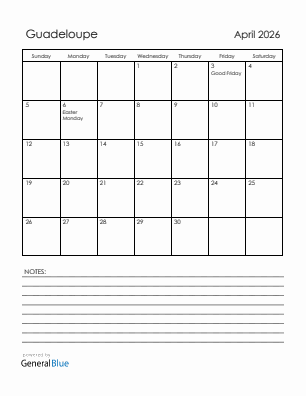 Current month calendar with Guadeloupe holidays for April 2026