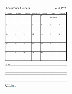 Current month calendar with Equatorial Guinea holidays for April 2026