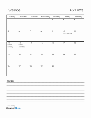 Current month calendar with Greece holidays for April 2026