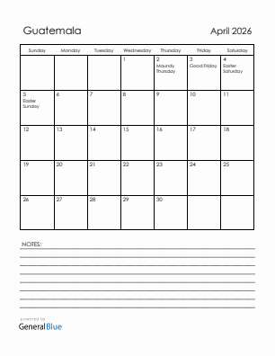 Current month calendar with Guatemala holidays for April 2026