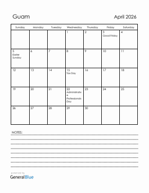 Current month calendar with Guam holidays for April 2026