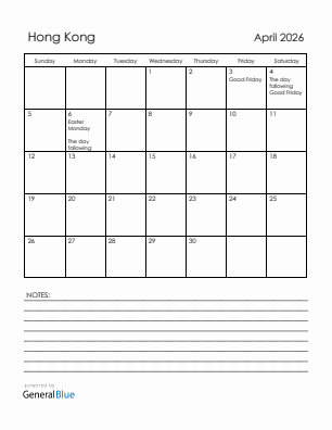 Current month calendar with Hong Kong holidays for April 2026