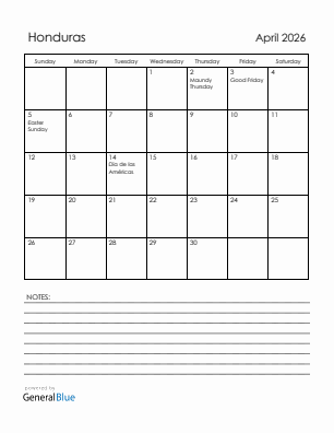 Current month calendar with Honduras holidays for April 2026