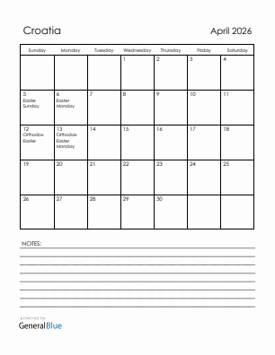 Current month calendar with Croatia holidays for April 2026