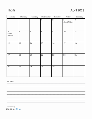 Current month calendar with Haiti holidays for April 2026