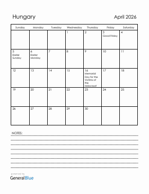 Current month calendar with Hungary holidays for April 2026