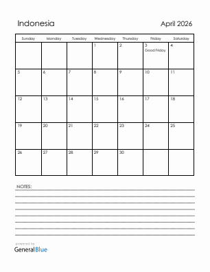 Current month calendar with Indonesia holidays for April 2026