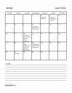 Current month calendar with Israel holidays for April 2026