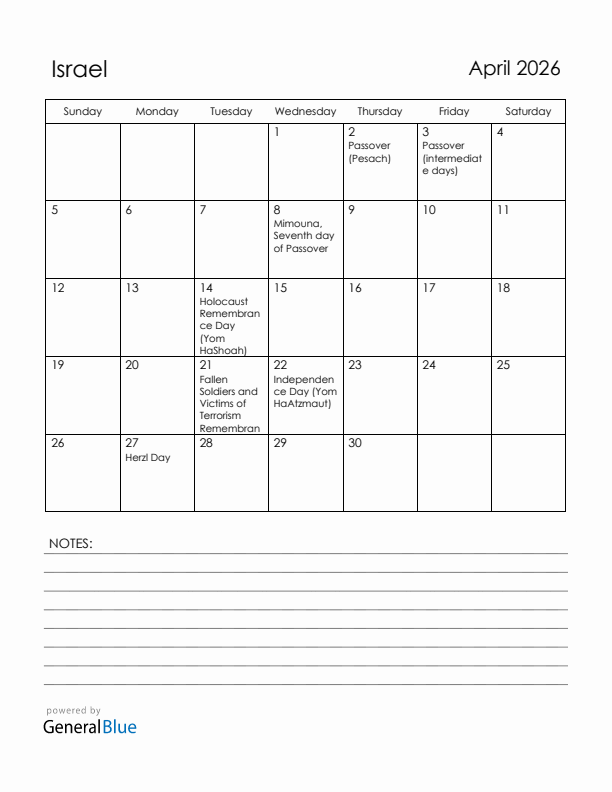 April 2026 Israel Calendar with Holidays (Sunday Start)